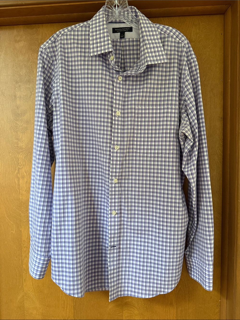 Banana Republic Men's Purple and White Gingham Non Iron Classic Fit Dress Shirt